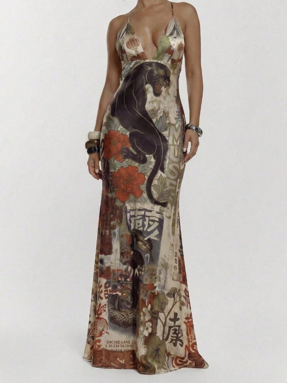 Brown Sexy Women's Lace Up Animal Print Maxi Dress